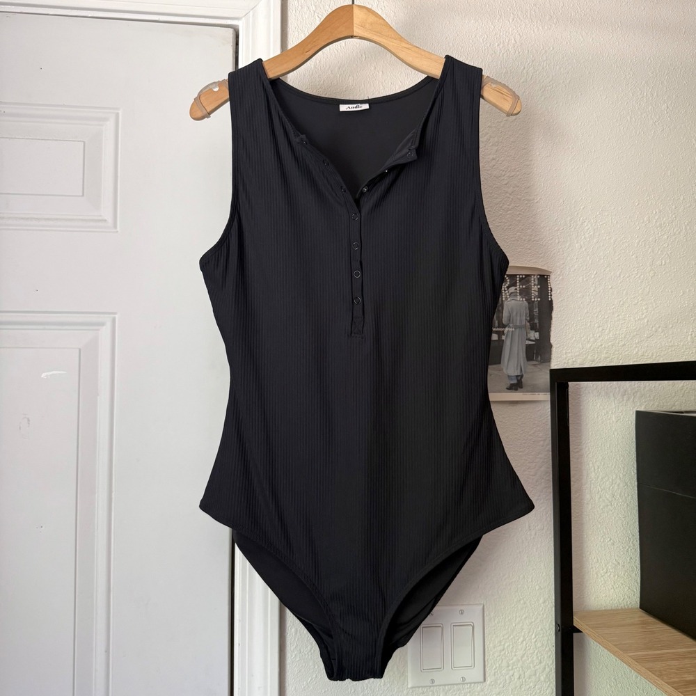 ANDIE swim black one piece rib ribbed polo beach swimsuit